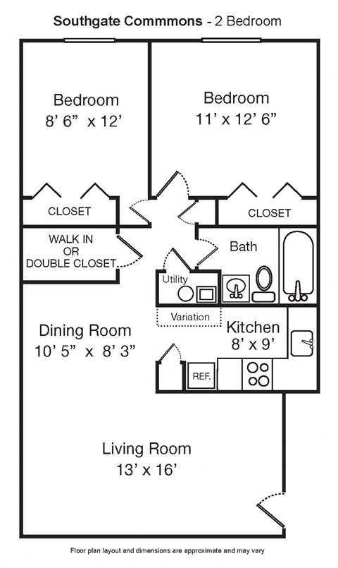 Floor plan for 2 beds, 1 bath